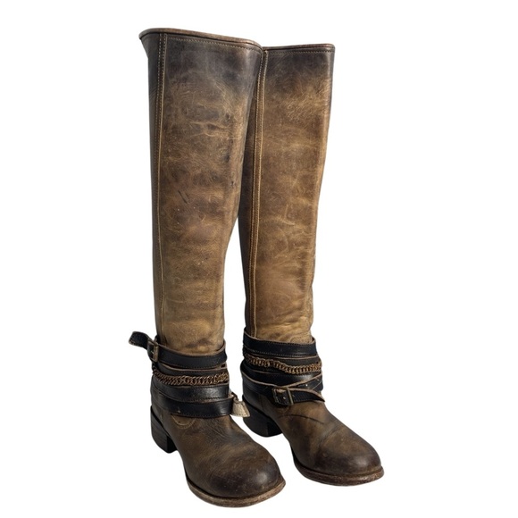 Freebird By Steven Aspen Long Brown Buckle/chains Leather Boho women boots Sz 7 - Picture 1 of 16